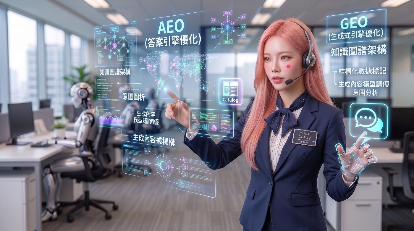 AEO 答案引擎優化與 GEO 生成式引擎優化服務示意：知識圖譜架構、結構化數據標記、生成內容模型調優、意圖分析